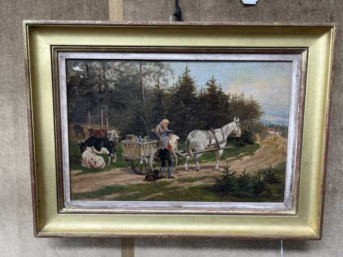Artist unknown, German rural scene, 1893. Antique oil painting on canvas