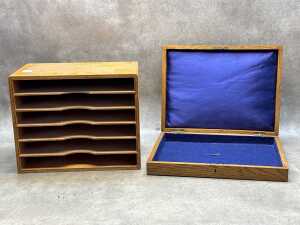 Antique timber boxes and desk tray